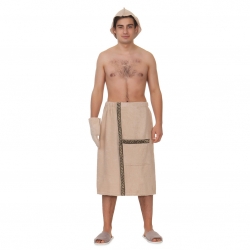 Набор для сауны махровый мужской (килт, шапка, рукавица), бежевый, 54-60