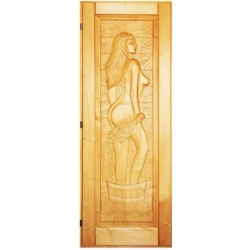 Деревянная дверь для бани кавказская липа с петлями Женщина