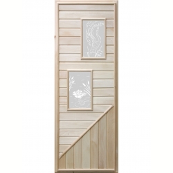 Деревянная дверь для бани DoorWood с двумя прямоугольными вставками с сюжетом