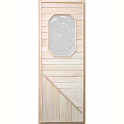 Деревянная дверь для бани DoorWood с восьмиугольной стеклянной вставкой с сюжетом 