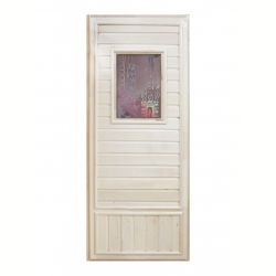Дверь DoorWood Вагонка Эконом со стеклом Девушка в баньке 1850х750