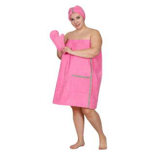 Набор для сауны махровый женский (парео, чалма, рукавица), розовый, 54-60. Фото №1