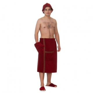 Набор для сауны махровый мужской (килт, шапка, рукавица), бордовый, 54-60. Фото №1