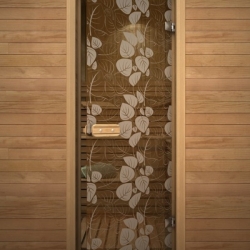 Дверь для сауны Акма с рисунком «Глассджет» Белые листья 690*1890мм