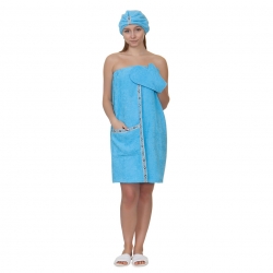 Набор для сауны махровый женский (парео, чалма, рукавица), голубой 44-52
