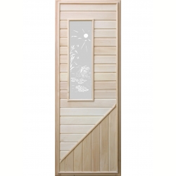Деревянная дверь для бани DoorWood с прямоугольной стеклянной вставкой с сюжетом