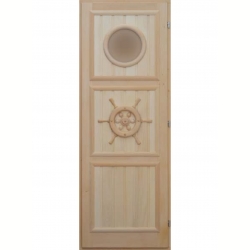 Деревянная дверь для бани DoorWood Штурвал с иллюминатором 1850х750