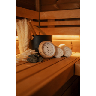 Термометр-гигрометр для сауны Fischer в деревянном корпусе D155 мм, минеральное стекло. Фото № 6