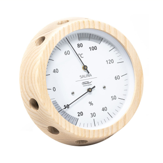 Термометр-гигрометр для сауны Fischer в деревянном корпусе D155 мм, минеральное стекло. Фото № 1