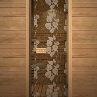 Дверь для сауны Акма с рисунком «Глассджет» Белые листья 690*1890мм. Фото №1