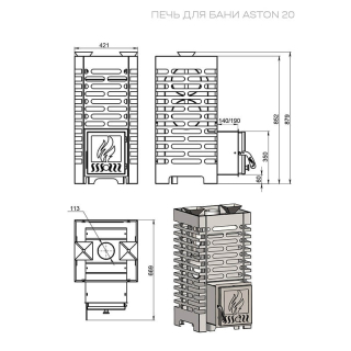 Печь для бани ASTON 20 стекло, диаметр дымохода 115 мм. Фото №3