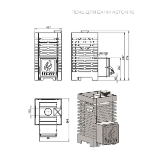 Печь для бани ASTON 16 стекло, диаметр дымохода 115 мм. Фото №3