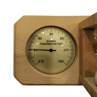 Термогигрометр с песочными часами, канадский кедр, золотой циферблат. Фото №2