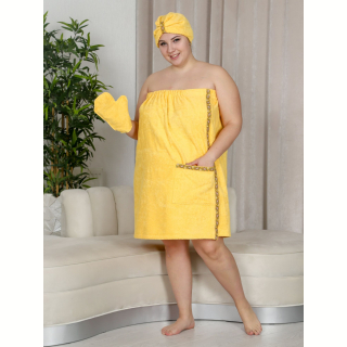 Набор для сауны махровый женский (парео, чалма, рукавица), желтый, 54-60. Фото №2