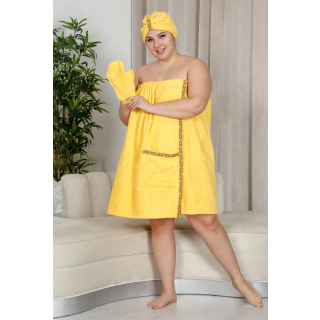 Набор для сауны махровый женский (парео, чалма, рукавица), желтый, 54-60. Фото №4