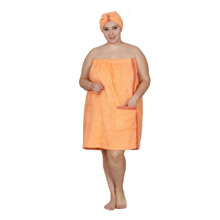 Набор для сауны махровый женский (парео, чалма, рукавица), персиковый, 54-60. Фото №1