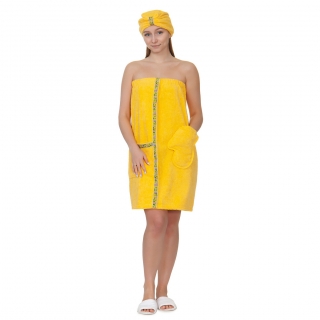 Набор для сауны махровый женский (парео, чалма, рукавица), желтый 44-52. Фото №1