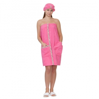 Набор для сауны махровый женский (парео, чалма, рукавица), розовый 44-52. Фото №1