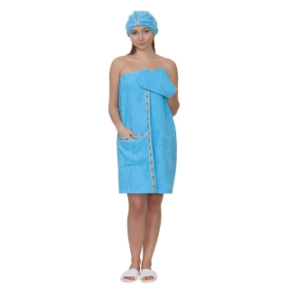 Набор для сауны махровый женский (парео, чалма, рукавица), голубой 44-52. Фото №1