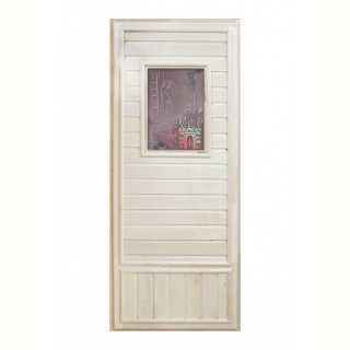Дверь DoorWood Вагонка Эконом со стеклом Девушка в баньке 1850х750. Фото №1