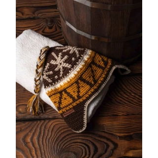 Шапка вязаная для бани Woodson Viking, орнамент, 1 косичка (коричневый, оранжевый, бежевый). Фото № 3