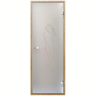 Дверь для сауны стеклянная HARVIA STG 7x19, сосна, цвет сатин, рисунок: девушка.. Фото №1