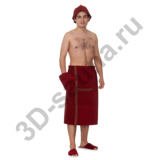 Набор для сауны махровый мужской (килт, шапка, рукавица), бордовый 44-52. Фото №1