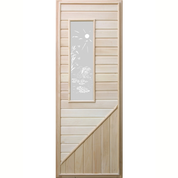 Деревянная дверь для бани DoorWood с прямоугольной стеклянной вставкой с сюжетом. Фото № 1