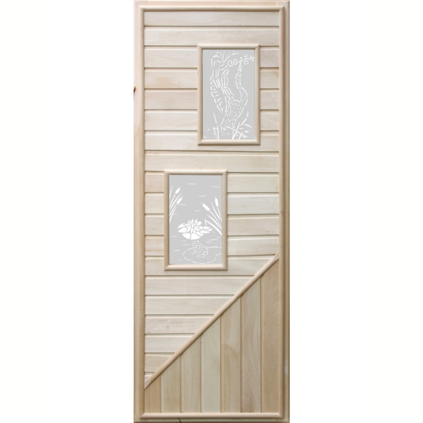 Деревянная дверь для бани DoorWood с двумя прямоугольными вставками с сюжетом. Фото № 1