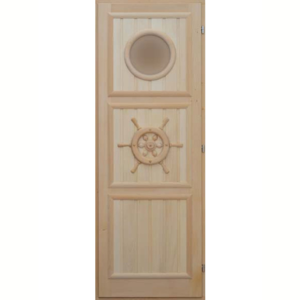 Деревянная дверь для бани DoorWood Штурвал с иллюминатором 1850х750. Фото № 1