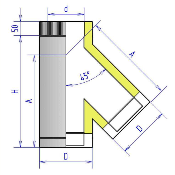 Тройник 2ТР45 AISI 321 (0.8 мм) утеплитель 50 мм, D 130/230 45°. Фото № 2