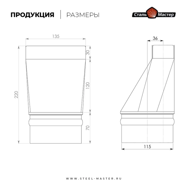 Переход КуБасту с прямоугольника на круг D=115 мм - нержавейка 0,5 мм. Фото № 3