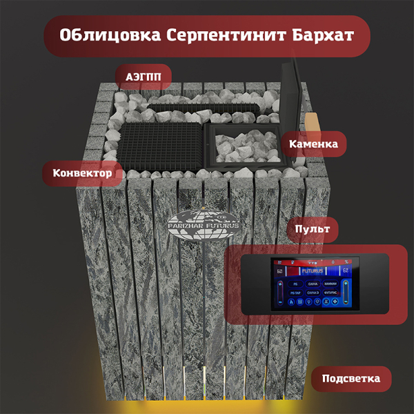 Электрическая паротермальная печь ВВД «ПАРиЖАР Футурус» Серпентинит Бархат 16 кВт. Фото № 8