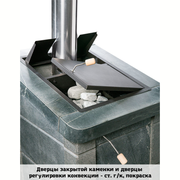 Печь Инжкомцентр-ВВД Сударушка Семейная РК Серпентинит Бархат без фасок, Чугунный портал с чугунной дверью. Фото № 2