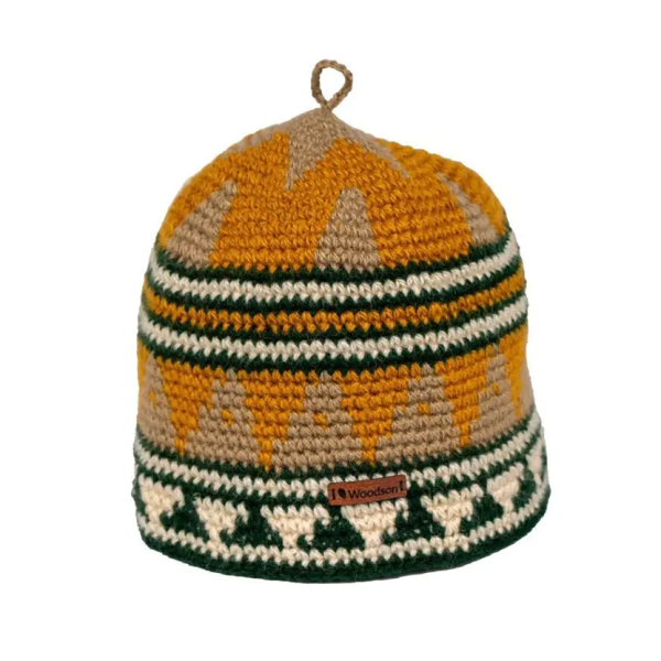 Шапка вязаная для бани Woodson Viking, орнамент, без косичек (жёлтый, бежевый, зеленый). Фото № 1