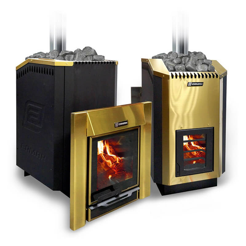 Дровяная печь для бани Ермак 24 Люкс Gold, с панорамным стеклом (Нержавейка)